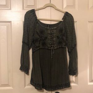 Green Western Embroidered Floral Tie Top